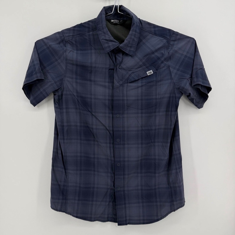 Outdoor Research Shirt Mens S Short Sleeve Nylon Spandex Blue Gray Plaid